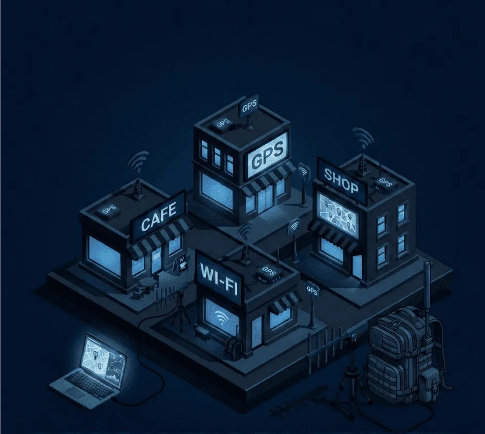 Isometric illustration of a wardriving setup: a laptop and antenna rig facing shops labeled Cafe, GPS, Wi-Fi and Shop.