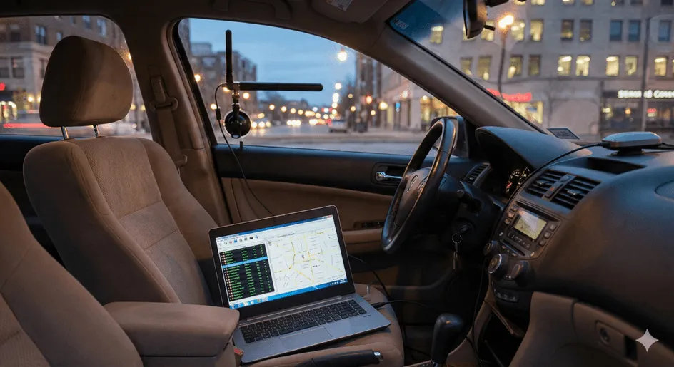 Photo of a car interior at dusk with a laptop running wardriving software and an antenna clipped to the window.