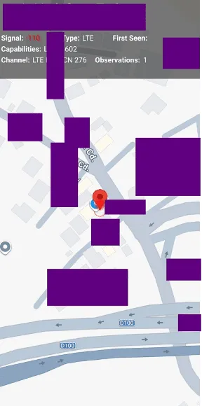 Screenshot of a map app showing an LTE cell tower's signal and capability details, identifying fields redacted.