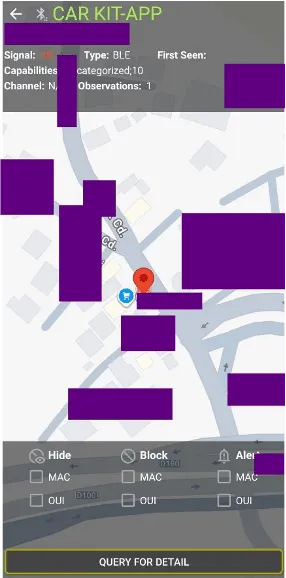 WiGLE app detail view for a Bluetooth device on a map, with Hide/Block/Alert MAC and OUI options, details redacted.