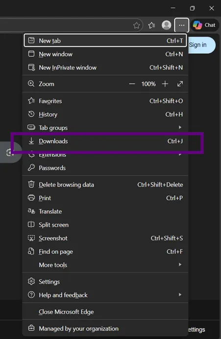 Edge browser menu open, with the Downloads option highlighted by a box.